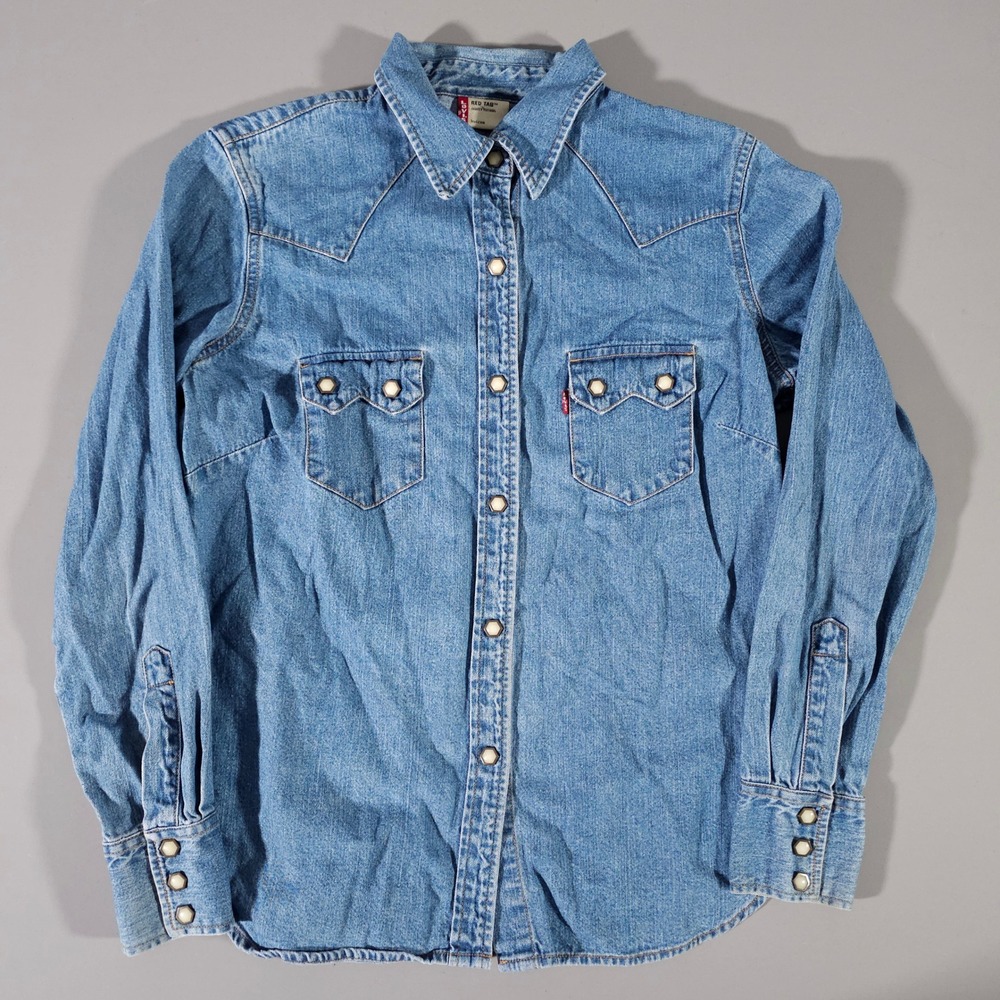 Levis Denim Western Shirt Womens Medium Blue Pearl Snap Long Sleeve 46142-1316